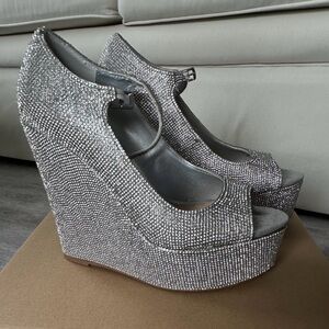 Steve Madden Silver Rhinestone Wedge Heels
